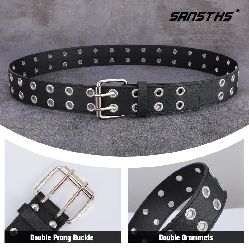 SANSTHS Women Double Grommet Studded Belts, black Leather Belt for Women Men Punk belt,black,L - Image 5